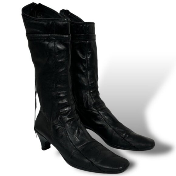 Prada Black Leather Boots Square Toe Italy Size 10.5 Heeled Calf Minimalist Vtg - Picture 1 of 16